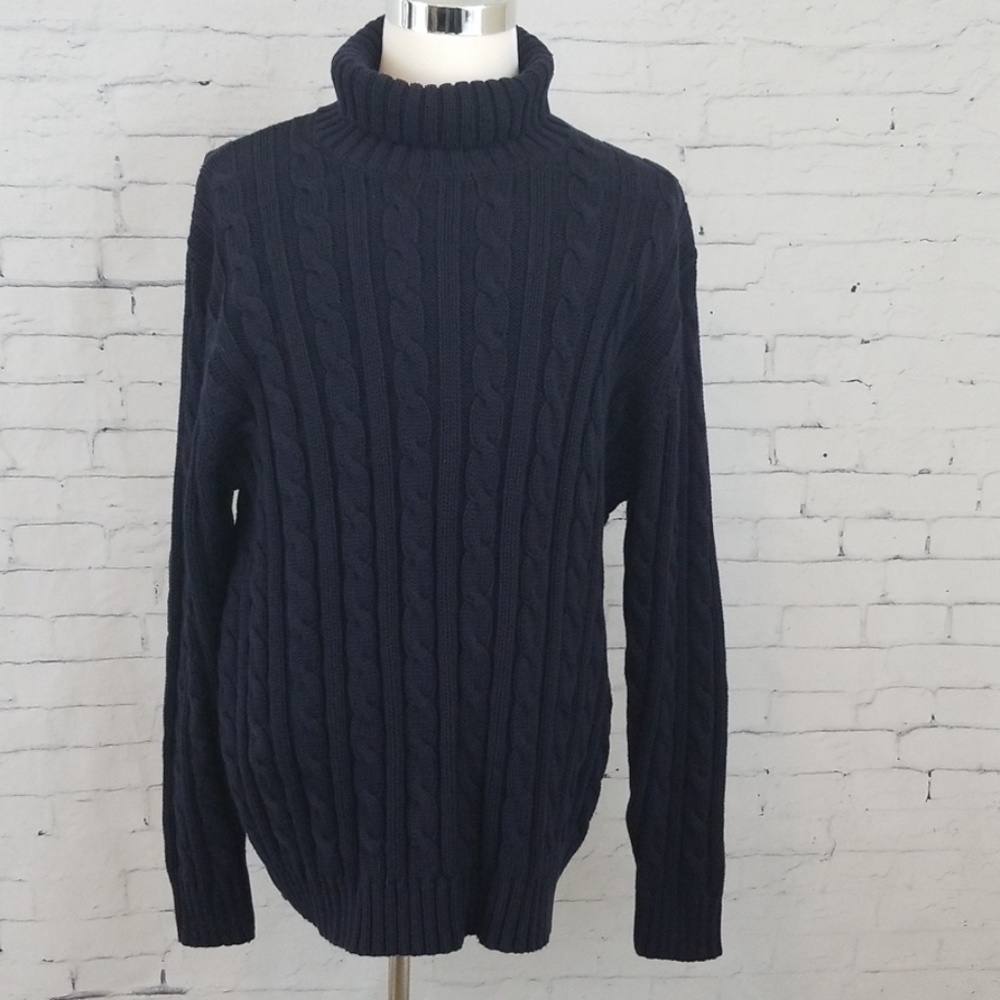 Lands End Blue Cable Knit Turtle Neck Sweater XL
